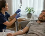 Pielęgniarka przygotowuje kroplówkę dla pacjenta leżącego na kanapie. W kroplówce znajduje się płyn nawadniający.