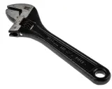 Llave inglesa negra, con marcas de medición en milímetros y la inscripción "HEAVY DUTY". Es una herramienta robusta, como el pie del rey.