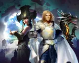 Rycerz, kobieta w hełmie i smok stoją na tle armii. Klimat jak w grach podobnych do Heroes 3.