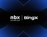 Logo NBX i BingX na tle grafiki z napisem "next block expo".