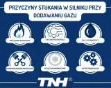 Grafika przedstawia przyczyny stukania w silniku przy dodawaniu gazu: spalanie stukowe, układ rozrządu, olej silnikowy, panewki korbowodowe, koło dwumasowe i wtryskiwacze.