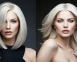 Zwei Porträts einer Frau mit platinblonden Haaren. Links trägt sie einen schwarzen Ausschnitt, rechts ist sie schulterfrei.