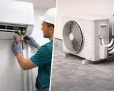 Técnico realiza la **conexión de tubos de aire acondicionado** a la unidad interior. Al lado, la unidad exterior con sus tubos.