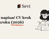 Ilustracja z napisem "Jak napisać CV krok po kroku (2026)" i postacią kobiety przy laptopie.