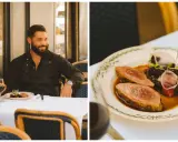 Un chef souriant savoure un plat de nourriture parisienne, un délice de viande et de légumes sur une assiette ornée.