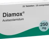 Förpackning med Diamox (acetazolamid) 250 mg tabletter. Läs bipacksedeln för information om eventuella diamox biverkningar.