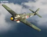 Grünes FW-190 D-9 DORA-Jagdflugzeug im Flug, mit sichtbaren Schüssen und einem Dorf unter den Wolken.