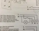Schemat pokazuje, jak podłączyć wentylator łazienkowy do oświetlenia za pomocą timera i higrostatu.
