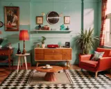 Salon w stylu retro inspiracje: pomarańczowy fotel, drewniana komoda, lampa i czarno-biała szachownica na podłodze.