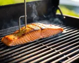 En saftig laxfilé grillas med en termometer instucken för att säkerställa perfekt innertemp lax. Röken stiger från den gyllene fisken.