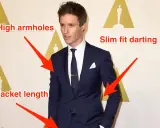 Eddie Redmayne in a navy suit, with arrows pointing to his jacket sleeve, armholes, darting, and length.