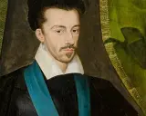 Portret Henryka, króla polskiego, w czarnym stroju z błękitną szarfą i białym kołnierzem.