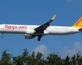 Samolot Pegasus Airlines z napisem "flypgs.com" na kadłubie i żółtym ogonem. W tle błękitne niebo i zielone drzewa. Idealny do przewozu bagażu.