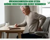 Älterer Mann mit schmerzen beim sitzen am Schreibtisch, hält sich den Rücken.