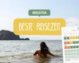 Frau im Meer blickt auf Inseln. Über ihr steht "MALAYSIA" und "BESTE REISEZEIT". Rechts eine Übersicht zur Reisezeit.