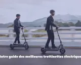 Deux hommes en trottinette électrique sur un pont. Notre application trajet trottinette vous aide à trouver le meilleur itinéraire.