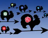 Väderkvarnar med symboler för olika politiska ideologier, som visar hur vindarna blåser för partierna.