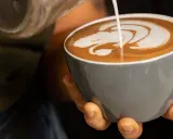 Barista verziert einen Espresso Latte mit Milchschaum. Ein Kunstwerk in der Tasse.