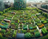 Grüne Oasen inmitten der Stadt: Ein lebendiges Beispiel für urbane Landwirtschaft mit Gemüsebeeten, Blumen und Solarpaneelen.
