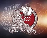 Symbol wodnika znaku zodiaku, z dzbanem i falami, na tle kryształów i koła zodiaku.