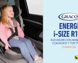 Niña sonriente en silla de coche Graco Energi i-Size R129. Instrucciones de instalación de la silla Jané Gravity.