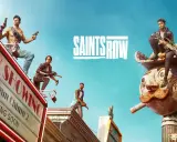 Postacie z gry Saints Row pozują z bronią na tle neonowego miasta.
