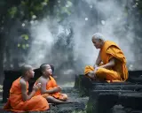 Äldre munk i orange kläder undervisar två unga munkar i en lugn miljö, en scen av buddhistisk puja.