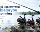 Jaka wędka na spinning? Poradnik ultralight o wędkach i kołowrotkach do białorybu. Zestaw z kołowrotkami i wędką na tle jeziora.