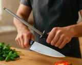 Persona afila un cuchillo con una chaira, preparándose para cortar hierbas frescas y un tomate en una tabla de madera.