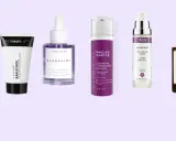 Six produits de soin pour la peau, dont des sérums et crèmes, affichant "Bakuchiol" pour un effet avant après visible.