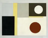 Abstract composition by Ben Nicholson featuring geometric shapes and circles in muted tones.