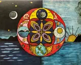 Mandala z symbolami dnia i nocy, ziemi i nieba, przypominająca karty **as kielichów tarot**.