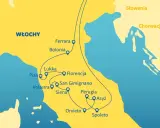 Mapa Włoch z zaznaczonymi miastami: Ferrara, Bolonia, Lukka, Florencja, Piza, Siena, Perugia, Asyż, Orvieto, Spoleto. Emilia Romagna widoczna na mapie.