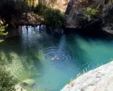 Ein Mann schwimmt im türkisfarbenen Wasser der Cueva del Gato, umgeben von Felsen und üppiger Vegetation.