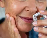 Une femme applique un glaçon sur son visage pour un soin rafraîchissant.