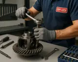 Mechanik w rękawiczkach naprawia dyferencjał kluczem.