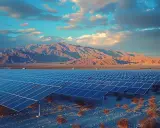 Vaste champ de panneaux solaires dans un paysage désertique, avec des montagnes en arrière-plan. Un panneau solaire hydraulique capte l'énergie du soleil.