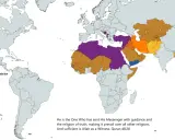 Weltkarte zeigt Mehrheitsreligionen in muslimischen Ländern vor dem Islam. Arabische Länder vorwiegend mit indigener Religion oder Christentum.