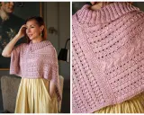 Mujer sonriente luce un elegante poncho a dos agujas en tono rosa pálido, con intrincados puntos calados y trenzas.