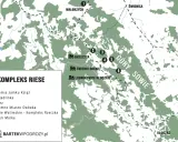 Mapa turystyczna przedstawiająca Kompleks Riese w Górach Sowich, z zaznaczonymi atrakcjami: Podziemia Zamku Książ, Pałac Jedlinka, Włodarz, Podziemne Miasto Osówka, Sztolnie Walimskie i Muzeum Molke.