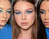 Tres looks de maquillaje para vestido azul: delineado gráfico, sombras celestes y toques de verde menta.