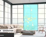 Ventajas del vidrio: una ventana moderna genera energía, iluminando el espacio con partículas brillantes.