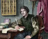 Martin Luther schreibt mit einer Feder. Wann wurde Martin Luther geboren? Die Frage beschäftigt Historiker seit Jahrhunderten.