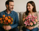 Un couple échange des sourires, chacun tenant un bouquet. Les fleurs, aux couleurs vives, portent une belle signification.
