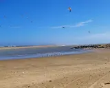 Möwen kreisen über dem weiten Huelva Strand. Das Meer glitzert, während sich im Hintergrund eine Stadt abzeichnet.