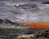 August Strindberg konst: Dramatisk kustvy med mörka berg, stormigt hav och en glödande solnedgång.