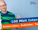 Mann mit Router und Kabeln fragt: sind 100 Mbits gut? Infos zu Tarifen und Anbietern.