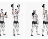 Mann hebt Kettlebells über den Kopf. Übung für den **Kettlebell Schulter**-Bereich.
