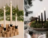 Två adventsljusstake-inspo: en med vita ljus på trästubbar, en annan med svarta ljus i en mossig skål.