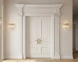 Elegancka sztukateria w sypialni zdobi dwuskrzydłowe drzwi, podkreślając klasyczny styl wnętrza.